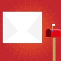 Blank Big White Envelope beside Red Mailbox with Small Flag Up. Open Color Postal Box in Loaf Shape Standing and Huge Royalty Free Stock Photo