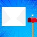 Blank Big White Envelope beside Red Mailbox with Small Flag Up. Open Color Postal Box in Loaf Shape Standing and Huge Royalty Free Stock Photo