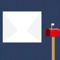 Blank Big White Envelope beside Red Mailbox with Small Flag Up. Open Color Postal Box in Loaf Shape Standing and Huge Royalty Free Stock Photo