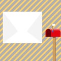 Blank Big White Envelope beside Red Mailbox with Small Flag Up. Open Color Postal Box in Loaf Shape Standing and Huge Royalty Free Stock Photo