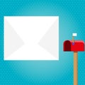 Blank Big White Envelope beside Red Mailbox with Small Flag Up. Open Color Postal Box in Loaf Shape Standing and Huge Royalty Free Stock Photo