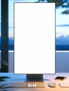 Blank big white monitor with copy space on desk on veranda with view on beautiful garden, 3d rendering.