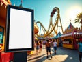 Blank Billboard in Amusement Park with Roller Coaster and Crowds for Event or Ad Mockup Royalty Free Stock Photo