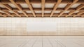 Blank Billboard on Beige Tiled Wall with Wooden Ceiling â Indoor Advertising Mockup Royalty Free Stock Photo