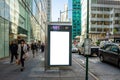 Blank billboard at bus stop for advertising, New York city buildings and street background