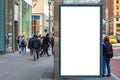 Blank billboard at bus stop for advertising, New York city buildings and street background Royalty Free Stock Photo