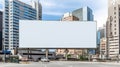 Blank billboard on the city street in business distric. Generative AI.