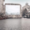 Blank billboard in front of ancient castle