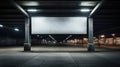 Blank billboard on grungy street at night, poster mockup in dark city. Empty banner for advertising in urban landscape. Concept of Royalty Free Stock Photo