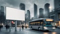 Blank billboard mockup at bus stop with passing bus in city center Royalty Free Stock Photo
