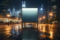 A blank billboard mockup standing on a wet pavement, framed by towering skyscrapers