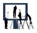 Blank billboard ready to use for advertisement. Marketing street media. Billboard workers painter with paint brush on ladders.