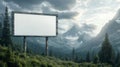 A blank billboard stands in a tranquil mountain landscape, surrounded by lush greenery and towering peaks, inviting creativity Royalty Free Stock Photo