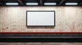 Blank billboard in subway station, poster mockup on tiled wall. Empty space for advertising in urban underground. Concept of metro Royalty Free Stock Photo