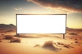 Blank Billboard Transparent Mock Up, Png. Background With Unfocused Desert Landscape With Sand. Generative AI