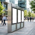 Blank billboards on a city street with people walking by Royalty Free Stock Photo
