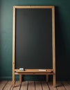 Blank black board with light wood frame stands on rustic floor. A chalk stick and eraser sit on shelf. Empty vertical chalkboard Royalty Free Stock Photo