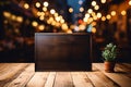 Blank Black Board on Wooden Table with Blurred Coffee Shop Background. AI Royalty Free Stock Photo