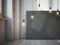 Blank black canvas with glowing bulbs in the loft interior. Royalty Free Stock Photo