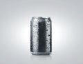 Blank black cold aluminium soda can mockup with drops