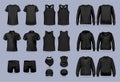 Blank black collection of men`s clothing templates. Realistic vector mock up shirt