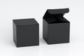 Blank black cube gift box with open and closed hinged flap lid on white background. Clipping path around box mock up. Royalty Free Stock Photo