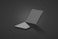 Blank black flexible clamshell phone display folded mockup, dark background