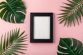 Blank Black Frame Surrounded by Tropical Leaves on a Pink Background Royalty Free Stock Photo