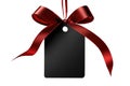 Blank black gift tag with red satin ribbon on white background. Generative AI Royalty Free Stock Photo