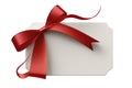 Blank black gift tag with red satin ribbon on white background. Generative AI Royalty Free Stock Photo