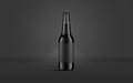 Blank black glass beer bottle with label mockup, dark background Royalty Free Stock Photo