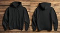 Blank Black Hoodie Mockup: Front and Back Views on Rustic Wood Royalty Free Stock Photo