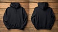 Blank Black Hoodie Mockup, Front and Back Views on Rustic Wood Royalty Free Stock Photo