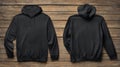 Blank Black Hoodie Sweatshirt Mockup Front and Back on Rustic Wood Royalty Free Stock Photo