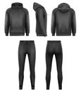 Blank black hoodies and black leggings mockup, front and back and side view. Royalty Free Stock Photo