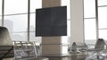 Blank black led display in airport lounge mockup, side view Royalty Free Stock Photo