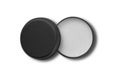 Blank black opened body or lips butter or balm round metallic aluminum jar mockup isolated on white background.