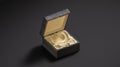 Blank black opened wood gift box with gold silk mockup