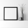 Blank black photo frame on white shelf