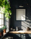 Blank black poster frame mock up template, living room interior in loft style with wooden table, black brick walls and Royalty Free Stock Photo