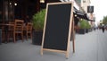 Blank black restaurant shop sign or menu board near the entrance of street cafe at day, neural network generated image Royalty Free Stock Photo