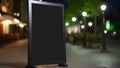 Blank black restaurant shop sign or menu board near the entrance of street cafe at night, neural network generated image Royalty Free Stock Photo