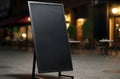 Blank black restaurant shop sign or menu board near the entrance of street cafe at night, neural network generated image Royalty Free Stock Photo