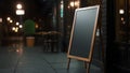 Blank black restaurant shop sign or menu board near the entrance of street cafe at night, neural network generated image Royalty Free Stock Photo