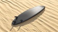 Blank black surfboard with fins lying on sand mock up