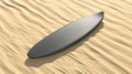 Blank black surfboard lying on sand mockup, side view