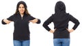 Blank black sweatshirt mock up set isolated, front, back view. Afro Woman wear hoodie mockup. Plain hoody design presentation. Royalty Free Stock Photo