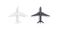 Blank black and white airplane mockup stand, top view isolated,