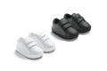 Blank black and white baby shoes pair mockup, side view