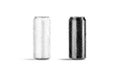 Blank black and white 500 ml soda can mockup with drops